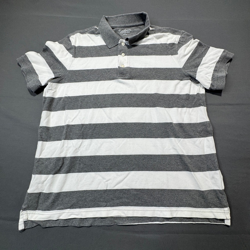 Croft & Barrow Men L Gray White Striped Short Sleeve Signature Polo Shirt Cotton